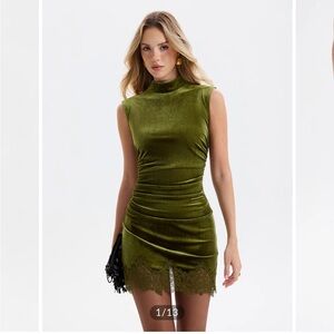 NEW NWT - Commense Lace Trim Ruched Velvet Mini dress green Small